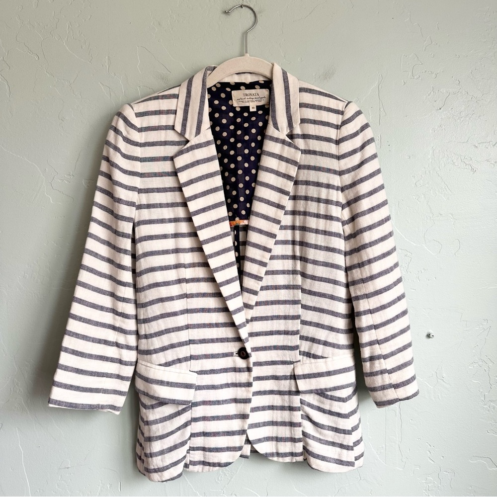 Trovata Women’s Summer Preppy Nautical Cream Blue Striped Cotton Blazer XS EUC